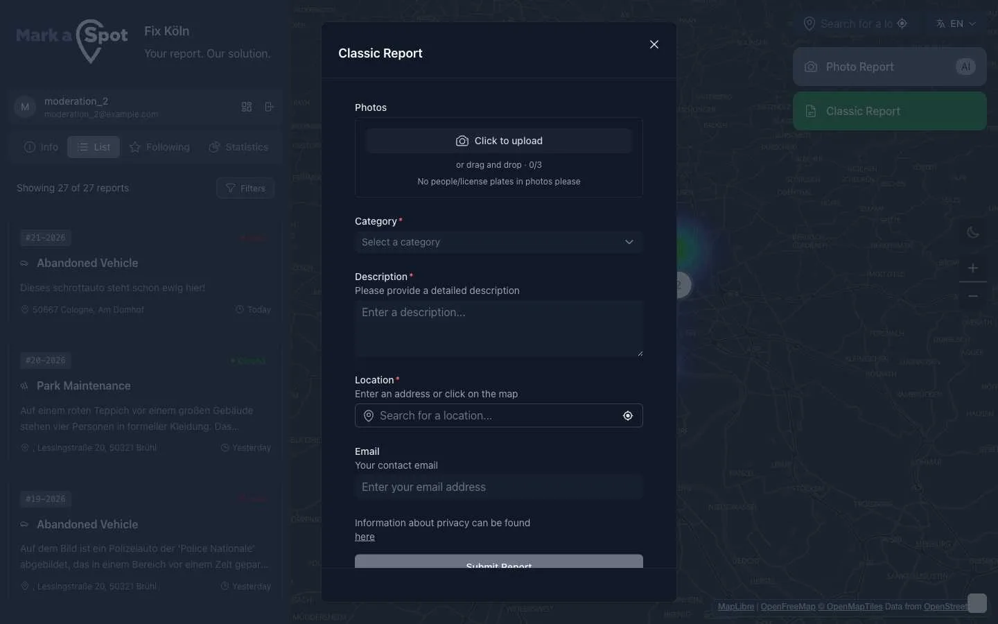 Citizen report submission with AI-powered image analysis