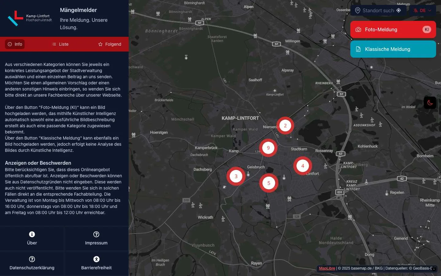 Municipal issue tracking software in production - Kamp-Lintfort, Germany