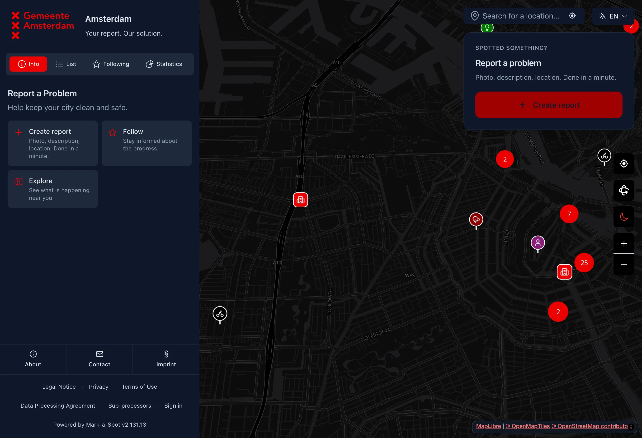 311 citizen reporting app home screen with interactive issue map