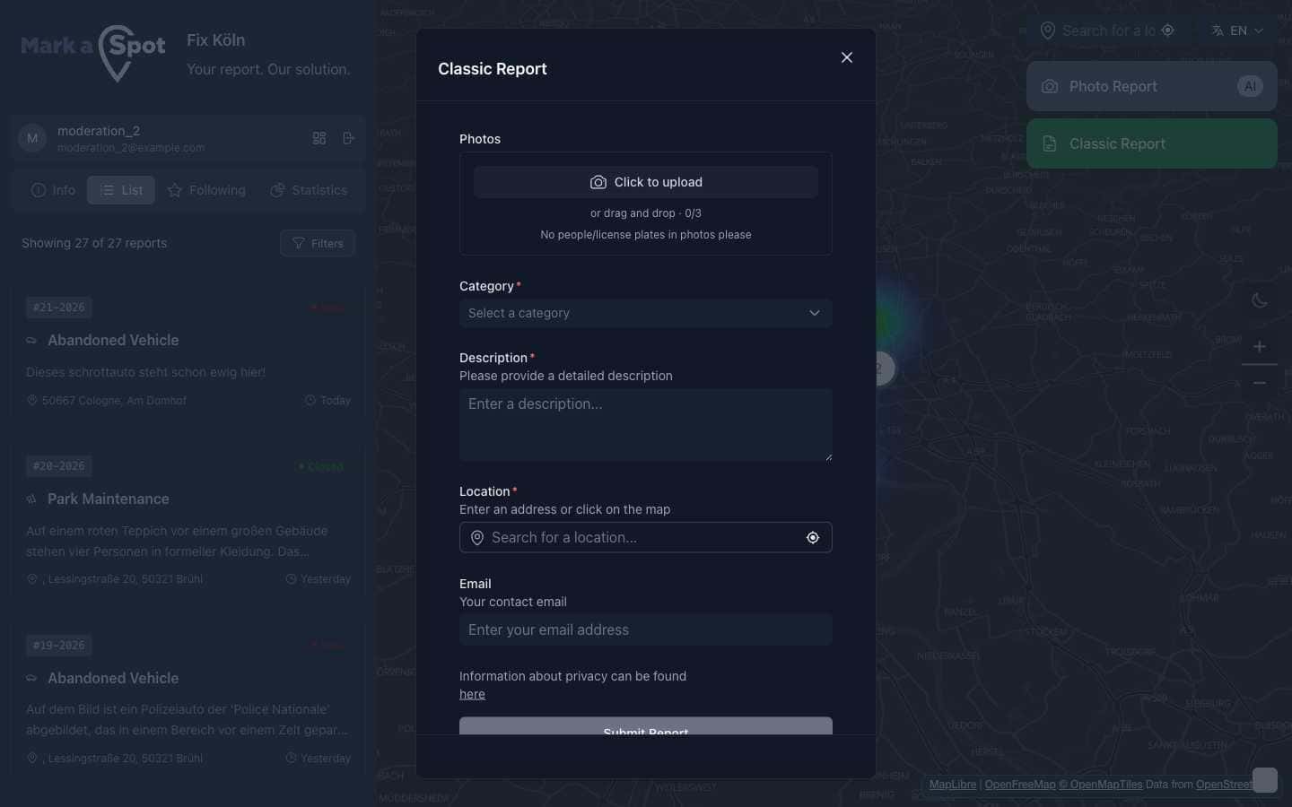 Citizen report submission with AI-powered image analysis
