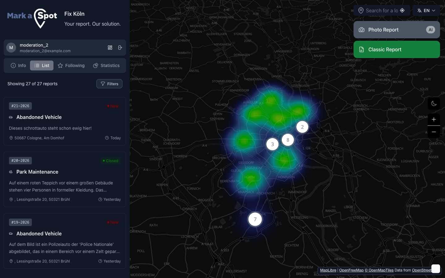 Citizen issue tracker showing reported municipal problems