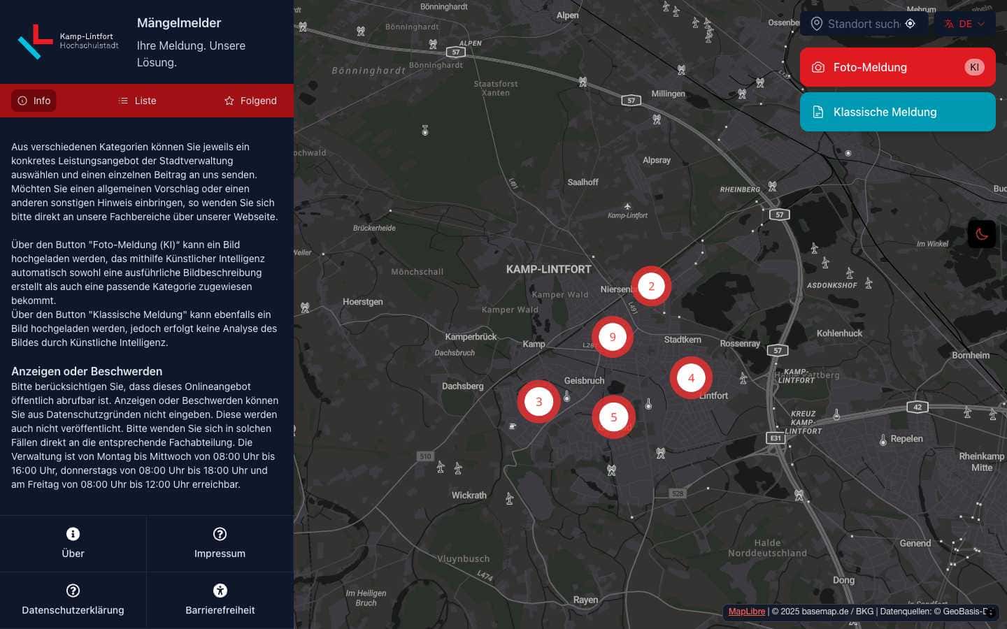 Municipal issue tracking software in production - Kamp-Lintfort, Germany