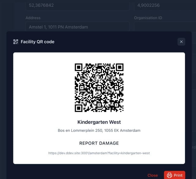 Mark-a-Spot admin dashboard with a QR code and dedicated report link for an example facility