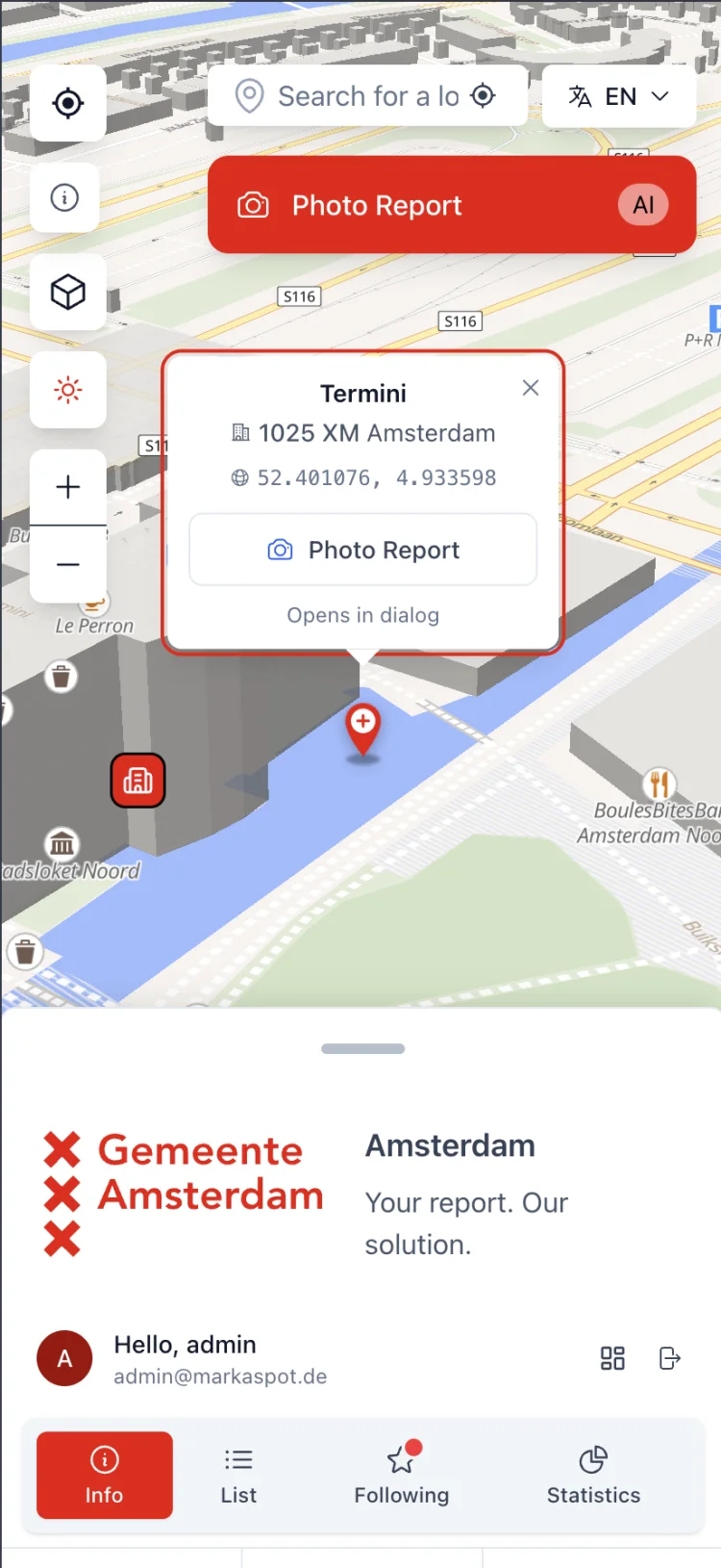 Mobile Mark-a-Spot view with a report placed inside the perimeter of an example facility