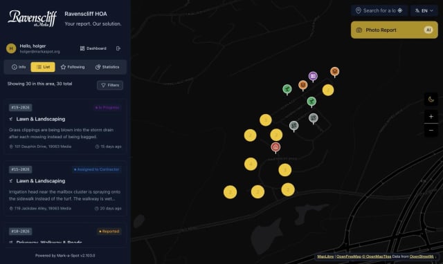 Ravenscliff HOA reporting map with open requests, status badges and category icons