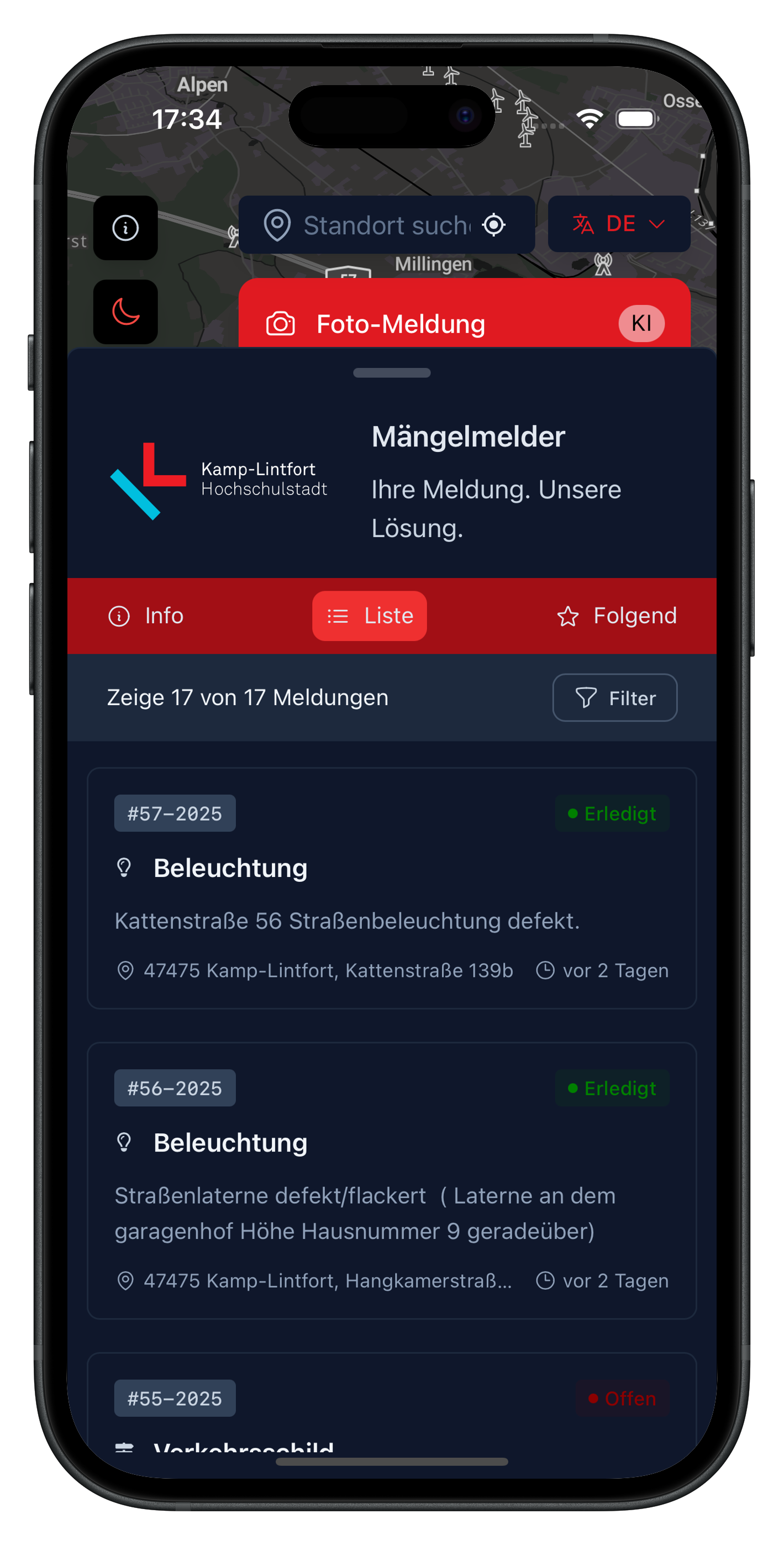 Screenshot: Kamp-Lintfort Issue Reporter with map view and categories (anliegen.kamp-lintfort.de)