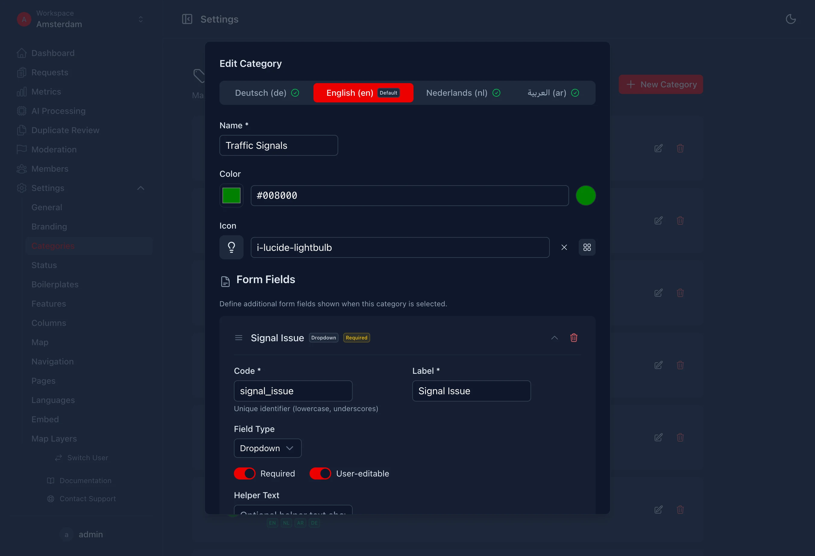 Editeur de categories avec attributs types et options multilingues