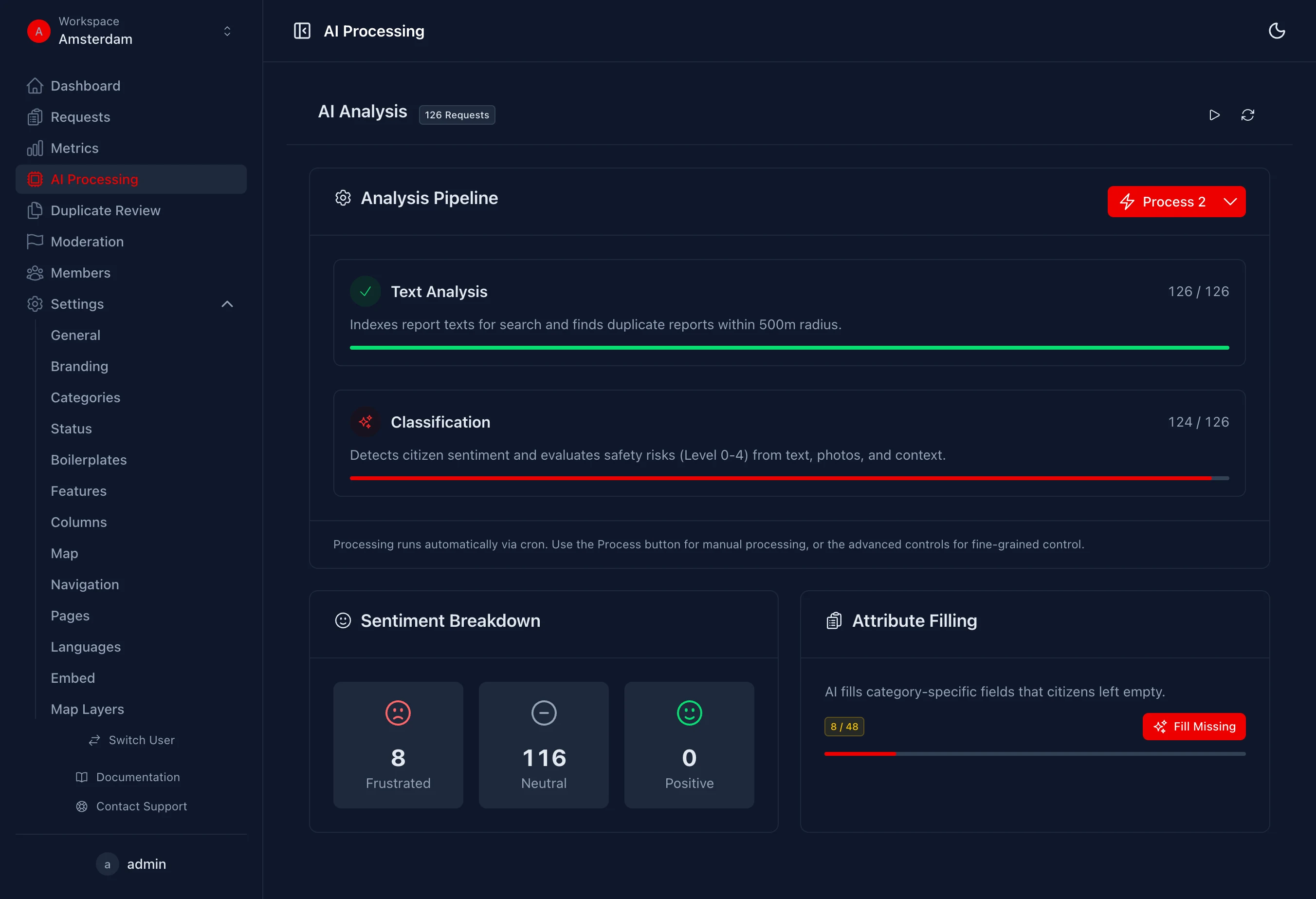 Tableau de bord IA avec analyse de sentiment et remplissage d'attributs
