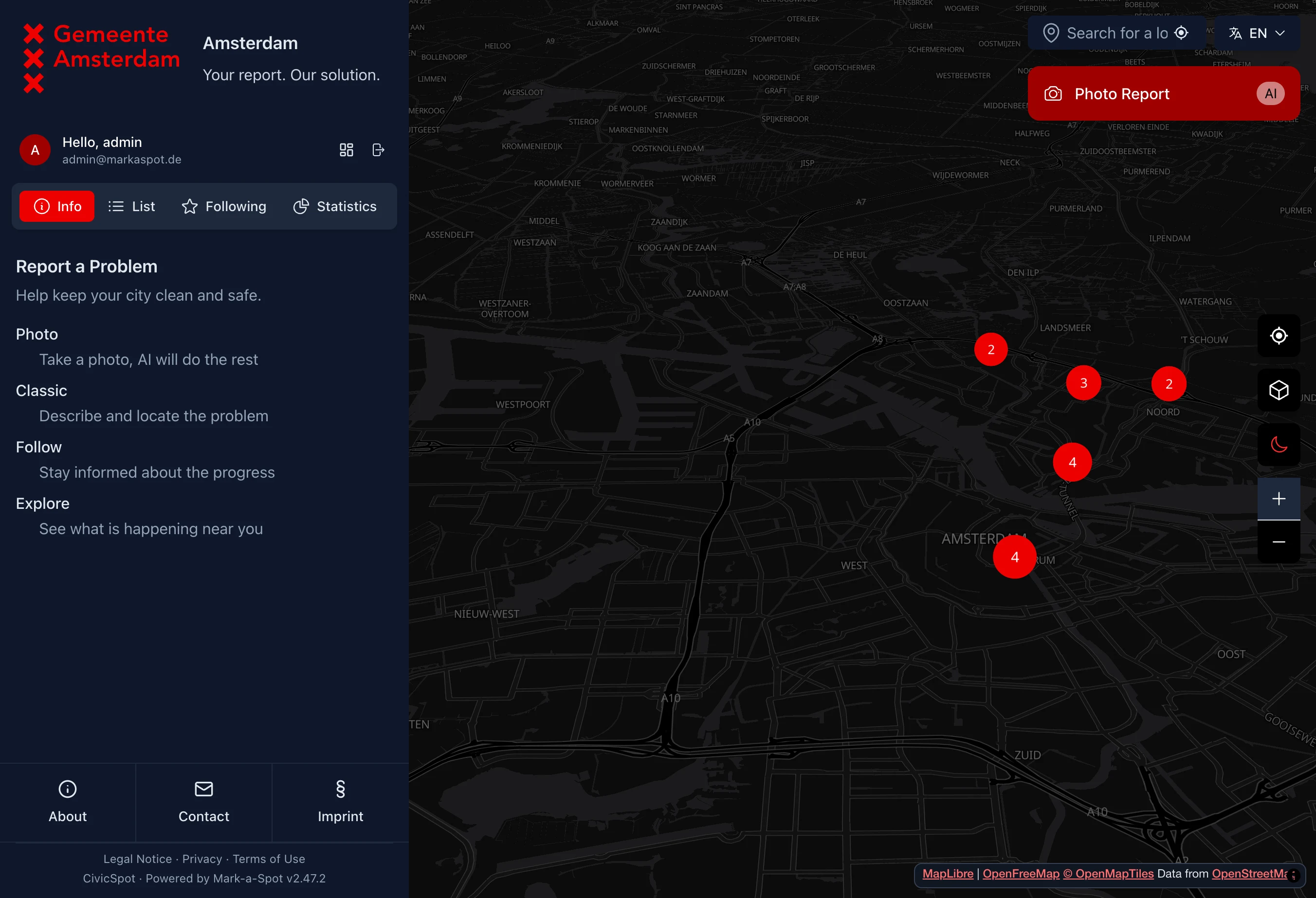 Carte interactive avec marqueurs de signalements regroupes